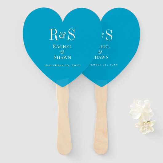 アクアエレガントブルーシックモダンモノグラム結婚ズ ハンドファン (正面&裏面)