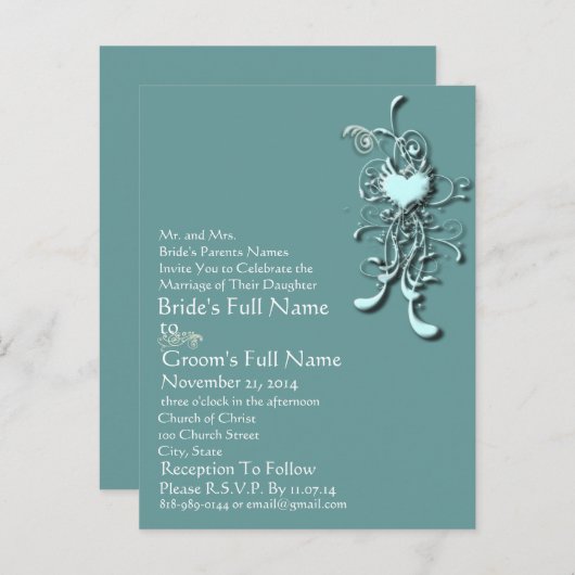 アクアエレガントブルーハートスワール結婚式招待状 インビテーションポストカード (正面/裏面)