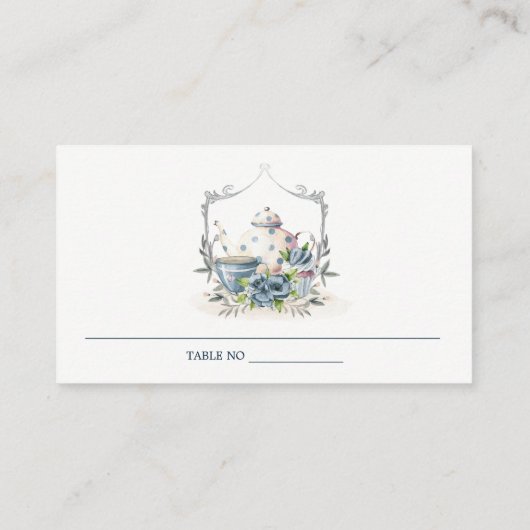 アクアエレガントブルーフローラティーポットカップクレスト結婚ーズ プレイスカード (裏面)