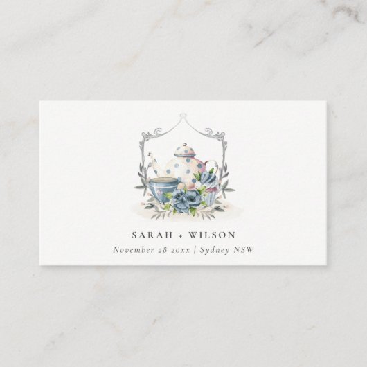 アクアエレガントブルーフローラティーポットカップクレスト結婚ーズ プレイスカード (正面)