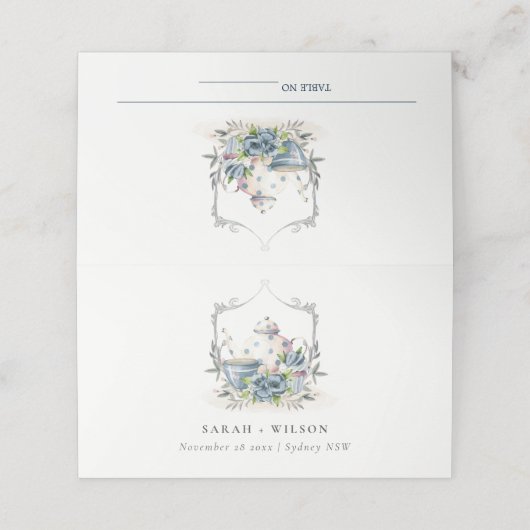 アクアエレガントブルーフローラティーポットカップクレスト結婚ーズ プレイスカード