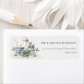 アクアエレガントブルーフローラティーポットカップケーキアドレス ラベル (インサイチュ)