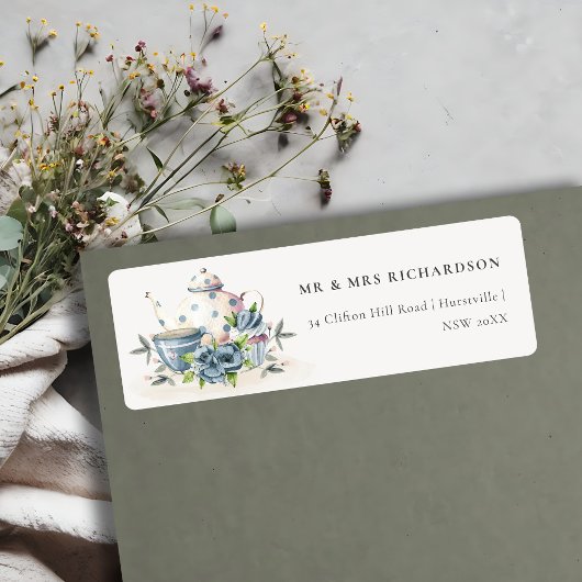 アクアエレガントブルーフローラティーポットカップケーキアドレス ラベル