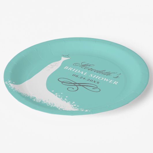 アクアエレガントブルー結婚ズガウンブライダルシャワー ペーパープレート (アングル)
