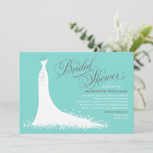 アクアエレガントブルー結婚ズガウンブライダルシャワー 招待状 (スタンド正面)