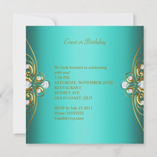 アクアエレガントブルー金ゴールドダイヤモンドイメージ 招待状 (裏面)