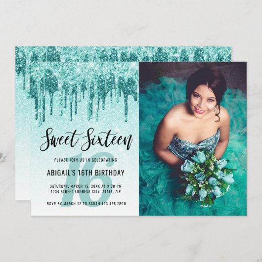 アクアエレガントミントグリッタードリップsweet sixteen 招待状 (正面/裏面)