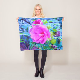 アクアエレガントリーフのあるピンクのハイビスカスの花 フリースブランケット
