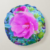 アクアエレガントリーフのあるピンクのハイビスカスの花 ラウンドクッション (裏面)