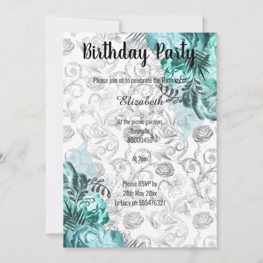 アクアエレガント白黒フローラ誕生日 招待状 (正面)