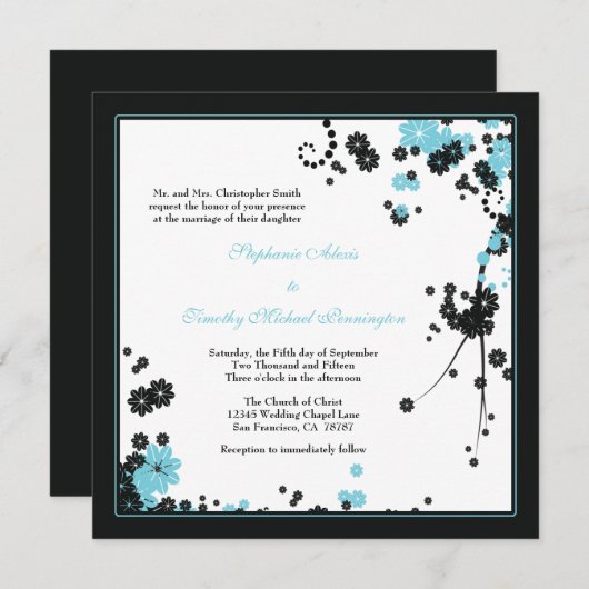 アクアエレガント+黒い花結婚式招待状 招待状 (正面/裏面)