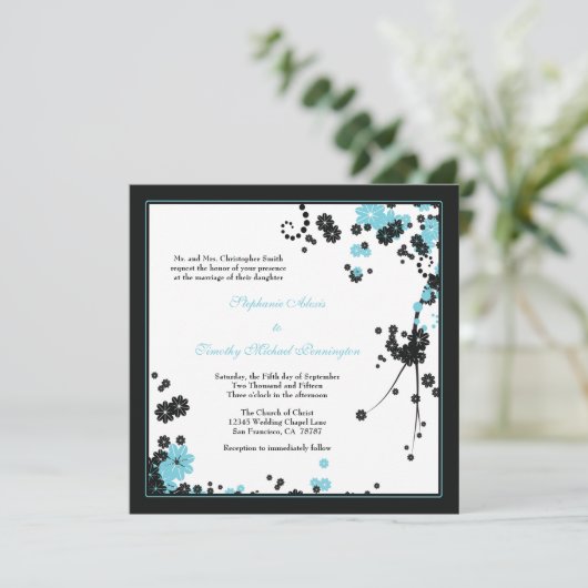 アクアエレガント+黒い花結婚式招待状 招待状 (スタンド正面)