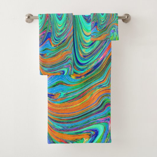 アクアオレンジとグリーングルーヴィ抽象芸術レトロアート バスタオルセット (インサイチュ)