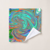 アクアオレンジとグリーングルーヴィ抽象芸術レトロアート バスタオルセット (ウォッシュタオル)