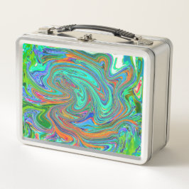 アクアオレンジとグリーングルーヴィ抽象芸術レトロアート メタルランチボックス