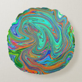 アクアオレンジとグリーングルーヴィ抽象芸術レトロアート ラウンドクッション