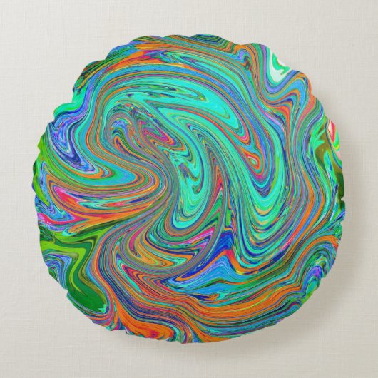 アクアオレンジとグリーングルーヴィ抽象芸術レトロアート ラウンドクッション (正面)