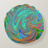 アクアオレンジとグリーングルーヴィ抽象芸術レトロアート ラウンドクッション (裏面)