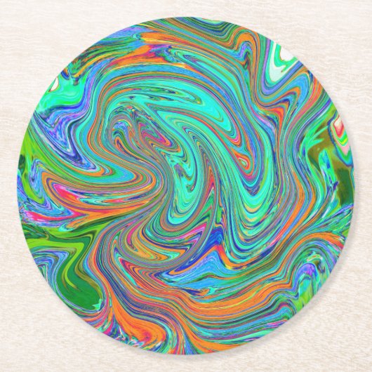 アクアオレンジとグリーングルーヴィ抽象芸術レトロアート ラウンドペーパーコースター (正面)