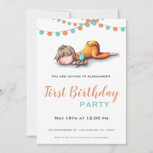 アクアオレンジスリーピングボーイガーランドファースト誕生日 招待状 (正面)