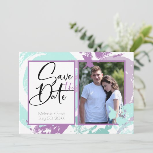 アクアオーキッド抽象芸術ブラシストローク日付の保存 招待状 (スタンド正面)