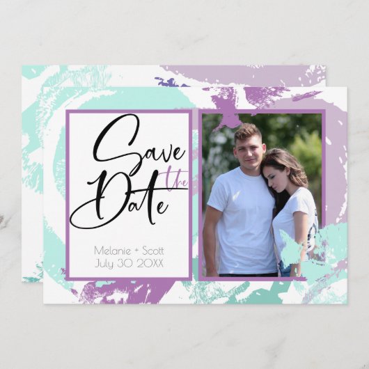 アクアオーキッド抽象芸術ブラシストローク日付の保存 招待状 (正面/裏面)