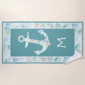 アクアカスタムブルーティール（緑がかった色）海藻モチーフにいかりボート ビーチタオル (正面)