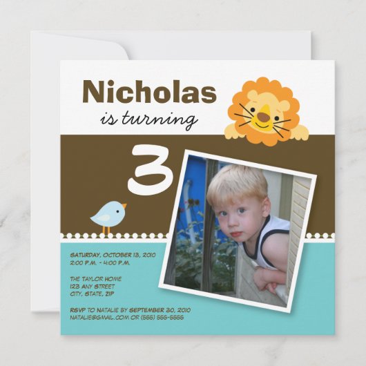 アクアカスタムライオン&バーディバースデーパーティー招待状 招待状 (正面)