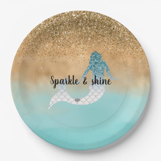 アクアガーリーウォーター色金ゴールドグリッターマーメイド ペーパープレート (正面)