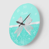 アクアガーリーターコイズダマスクホワイトリボン ラージ壁時計 (傾斜)