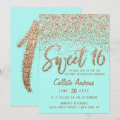 アクアガーリーティール（緑がかった色）金ゴールドスキャッターグリッタースウィート16 招待状 (正面/裏面)