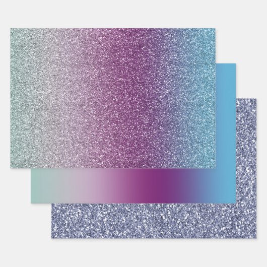 アクアガーリーパープルミントピンクグリッターグラデーション ラッピングペーパーシート (セット)