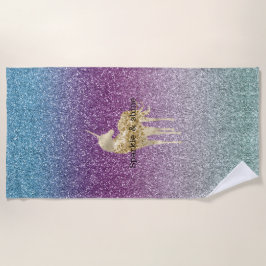 アクアガーリーパープルミントピンクグリッターユニコーングラデーション ビーチタオル