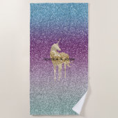アクアガーリーパープルミントピンクグリッターユニコーングラデーション ビーチタオル (正面)