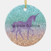 アクアガーリーピーチ金ゴールドパープルミントユニコーングリッター セラミックオーナメント (正面)