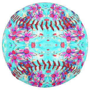 アクアガーリーブルーに可愛い紫色の花柄 ソフトボール