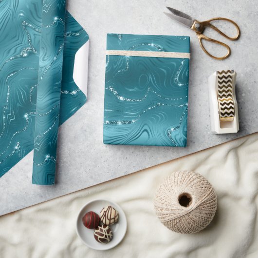 アクアガーリーブルーグリジーマーブル誕生日 ラッピングペーパー (クラフト)