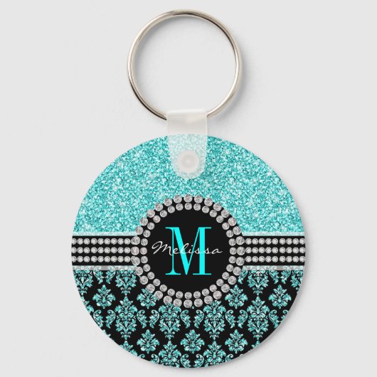 アクアガーリーブルーグリッターモノグラムダマスク名 キーホルダー (正面)