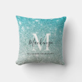 アクアガーリーブルーシルバーグラデーショングリッターモノグラム クッション (正面)