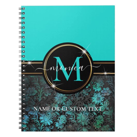 アクアガーリーブルーダマスクグランジ金ゴールドフレームモノグラム ノートブック (正面)