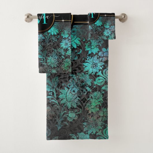 アクアガーリーブルーダマスクグランジ金ゴールドフレームモノグラム バスタオルセット (インサイチュ)