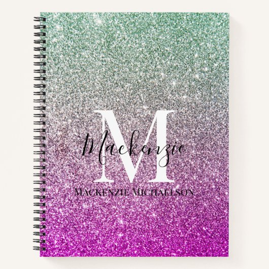 アクアガーリーブルーピンクグラデーショングリッターモノグラム ノートブック (正面)