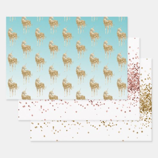 アクアガーリー金ゴールド紙吹雪グリッターユニコーン ラッピングペーパーシート (セット)