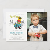 アクアキラフェインファームトラクターボーイズフォト誕生日 招待状 (正面)