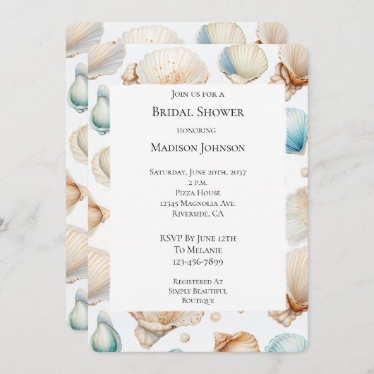 アクアクリームビーチシェルブライダルシャワー 招待状 (正面/裏面)