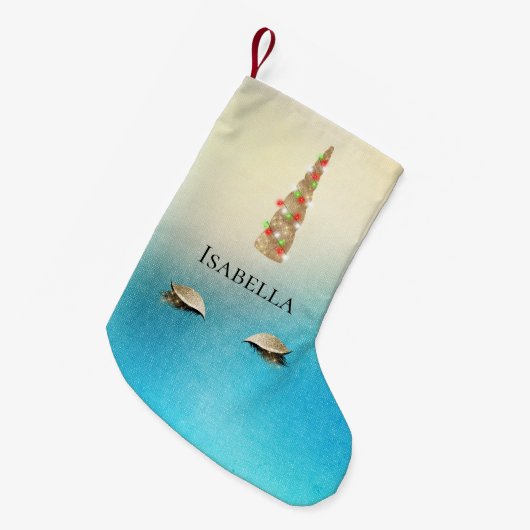 アクアクリーム金ゴールドスパークルグラムユニコーンライト スモールクリスマスストッキング (正面 (吊り時))