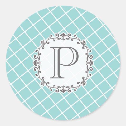 アクアクロスハッチヴィンテージウェディングモノグラムシール ラウンドシール (正面)