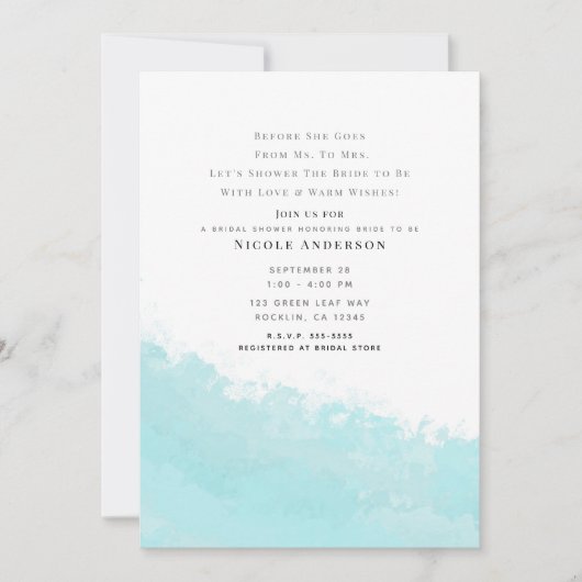 アクアクールブルーウェーブスプラッシュビーチブライダルシャワー 招待状 (正面)