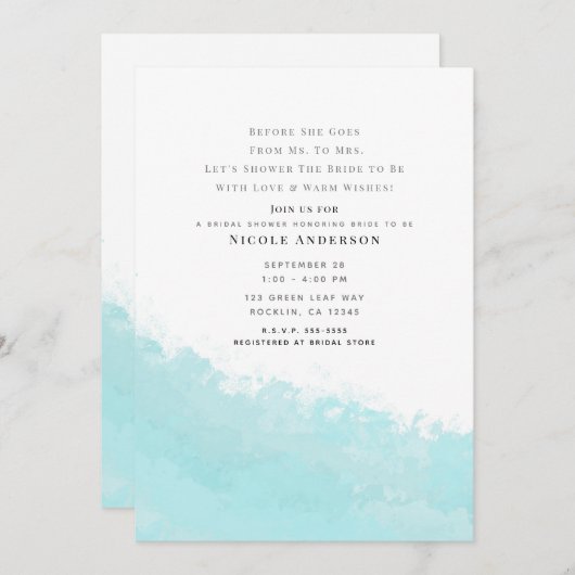 アクアクールブルーウェーブスプラッシュビーチブライダルシャワー 招待状 (正面/裏面)