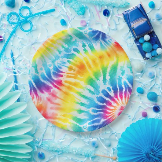 アクアクールレッドブルーイエローオレンジ絞り染め ペーパープレート (パーティー)